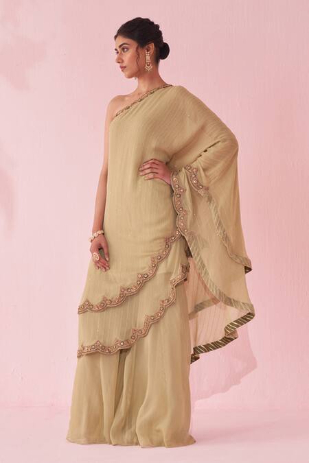 Buy_Studio Bagechaa_Green Georgette, Organza Zari, Embroidery, Sequins Gulbano Sharara Set _Online_at_Aza_Fashions