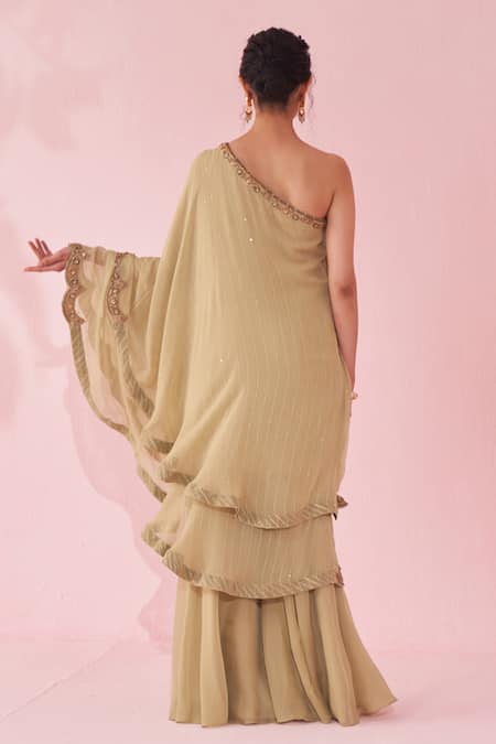 Studio Bagechaa_Green Georgette, Organza Zari, Embroidery, Sequins Gulbano Sharara Set _Online_at_Aza_Fashions