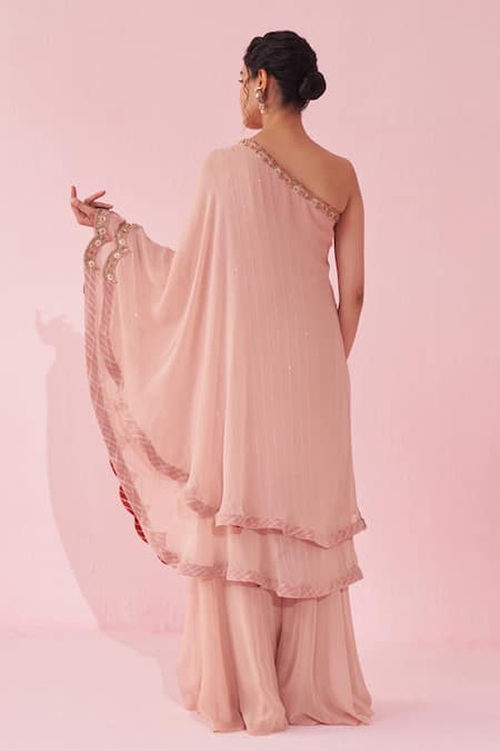 Studio Bagechaa_Blush Georgette, Organza Embroidery, Sequins Off-shoulder Pink Sharara Set _Online_at_Aza_Fashions