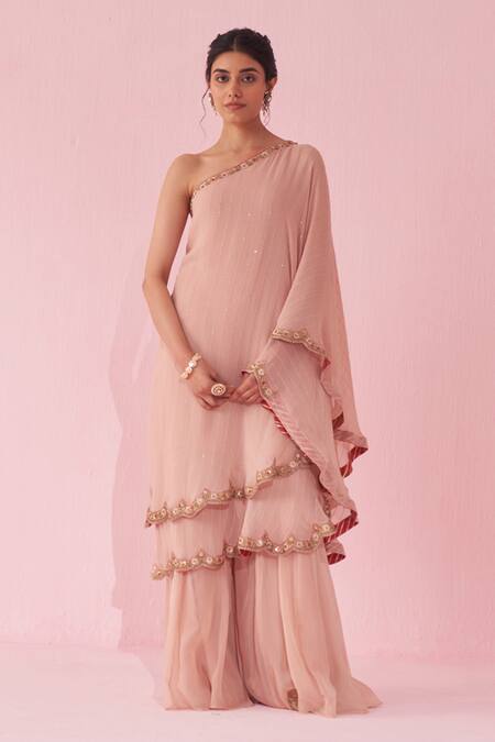 Shop_Studio Bagechaa_Blush Georgette, Organza Embroidery, Sequins Off-shoulder Pink Sharara Set _Online_at_Aza_Fashions