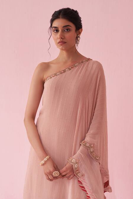 Buy_Studio Bagechaa_Blush Georgette, Organza Embroidery, Sequins Off-shoulder Pink Sharara Set 