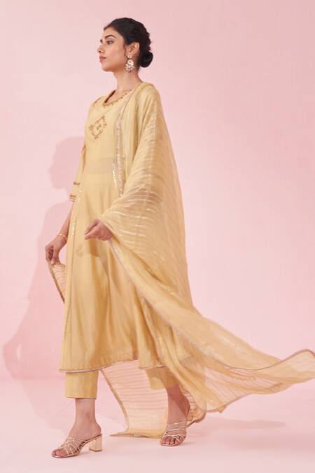Shop_Studio Bagechaa_Yellow Chanderi, Organza Embroidery, Zari Round Neck Anarkali Set With Dupatta _Online_at_Aza_Fashions