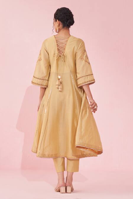 Shop_Studio Bagechaa_Yellow Chanderi, Organza Embroidery, Zari Round Neck Anarkali Set With Dupatta _at_Aza_Fashions