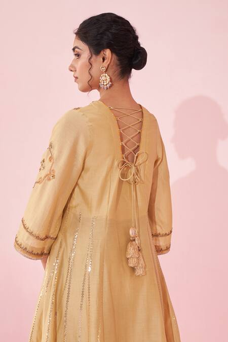 Studio Bagechaa_Yellow Chanderi, Organza Embroidery, Zari Round Neck Anarkali Set With Dupatta _at_Aza_Fashions