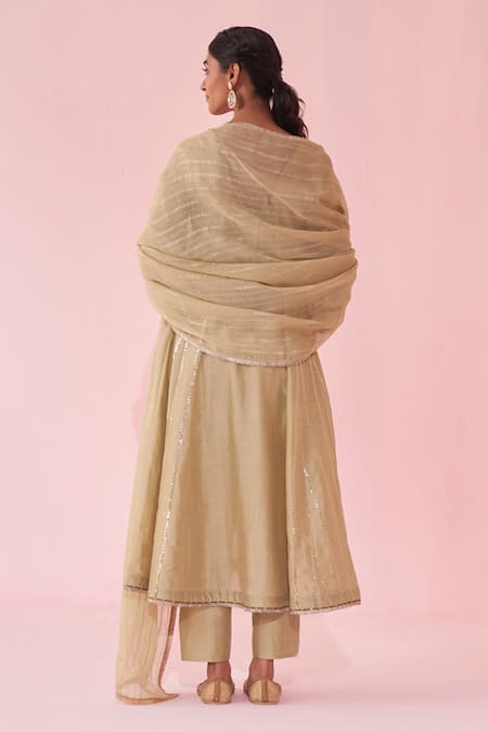 Studio Bagechaa_Green Chanderi, Organza Embroidery, Sequins Round Neck Gaura Anarkali Set _Online_at_Aza_Fashions