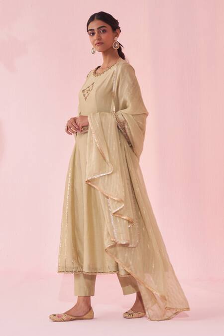 Buy_Studio Bagechaa_Green Chanderi, Organza Embroidery, Sequins Round Neck Gaura Anarkali Set _Online_at_Aza_Fashions