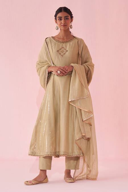 Shop_Studio Bagechaa_Green Chanderi, Organza Embroidery, Sequins Round Neck Gaura Anarkali Set _Online_at_Aza_Fashions