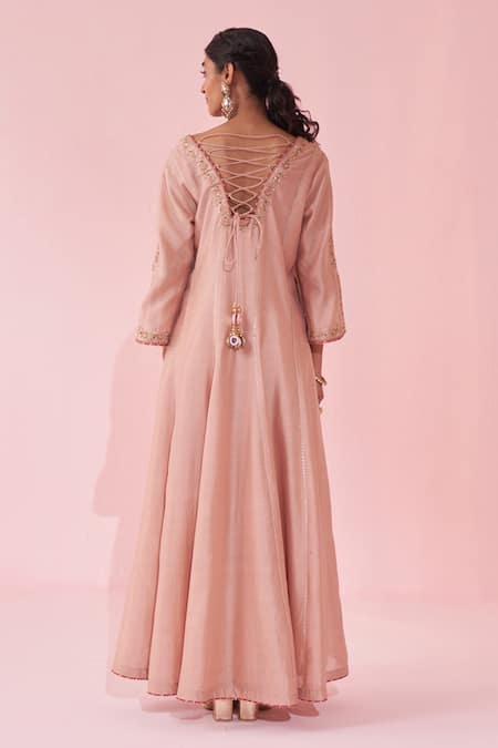 Studio Bagechaa_Blush Chanderi, Organza Embroidery Round Neck Pink Anarkali Set _Online_at_Aza_Fashions