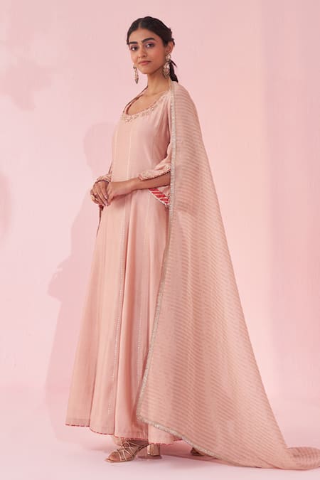 Shop_Studio Bagechaa_Blush Chanderi, Organza Embroidery Round Neck Pink Anarkali Set _Online_at_Aza_Fashions