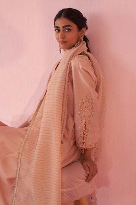 Buy_Studio Bagechaa_Blush Chanderi, Organza Embroidery Round Neck Pink Anarkali Set 