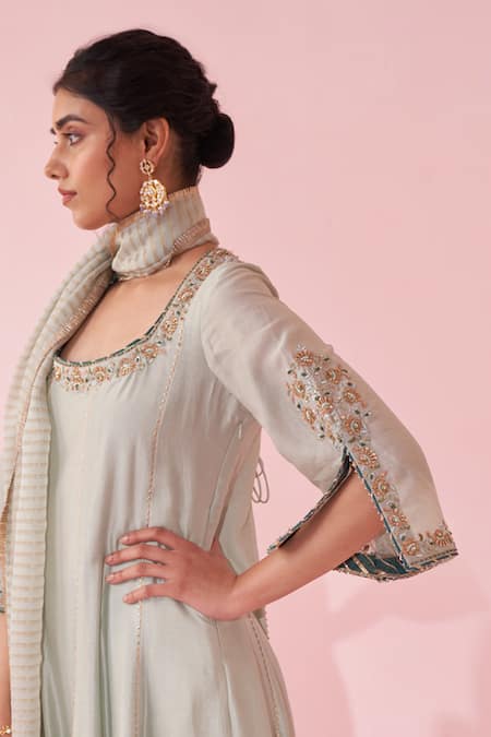 Studio Bagechaa_Pink Organza, Chanderi Embroidery Round Neck Pale Blue Anarkali Set _Online_at_Aza_Fashions