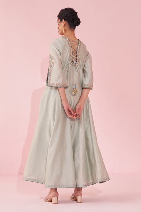Shop_Studio Bagechaa_Pink Organza, Chanderi Embroidery Round Neck Pale Blue Anarkali Set _at_Aza_Fashions
