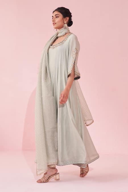 Buy_Studio Bagechaa_Pink Organza, Chanderi Embroidery Round Neck Pale Blue Anarkali Set _Online_at_Aza_Fashions