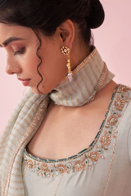 Shop_Studio Bagechaa_Pink Organza, Chanderi Embroidery Round Neck Pale Blue Anarkali Set _Online_at_Aza_Fashions
