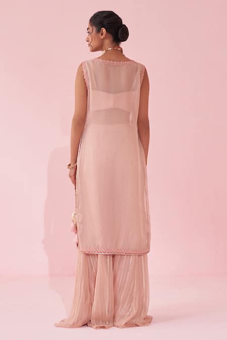 Shop_Studio Bagechaa_Blush Chiffon Tassels V-neck Embroidered Pink Sharara Set _at_Aza_Fashions