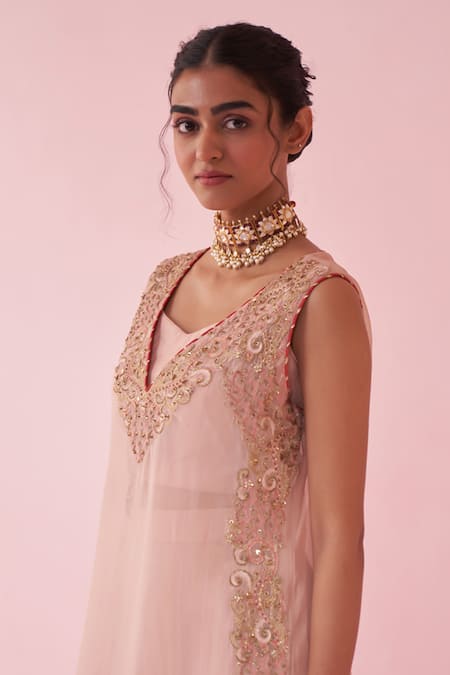 Studio Bagechaa_Blush Chiffon Tassels V-neck Embroidered Pink Sharara Set _Online_at_Aza_Fashions