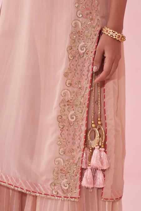 Buy_Studio Bagechaa_Blush Chiffon Tassels V-neck Embroidered Pink Sharara Set _Online_at_Aza_Fashions
