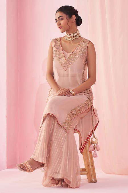 Shop_Studio Bagechaa_Blush Chiffon Tassels V-neck Embroidered Pink Sharara Set _Online_at_Aza_Fashions