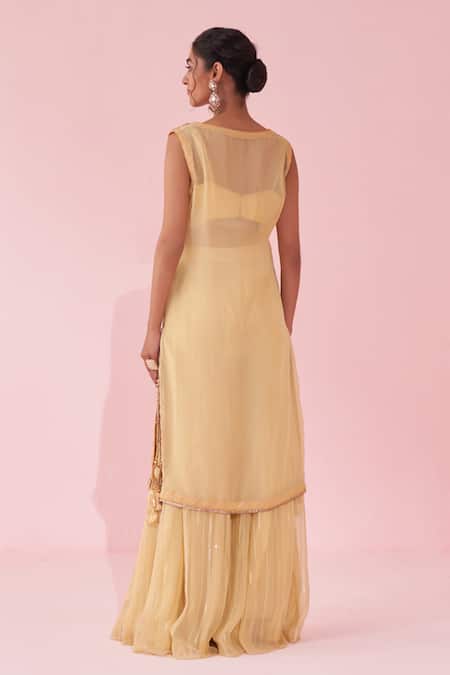 Shop_Studio Bagechaa_Yellow Chiffon Sequins, Embroidery, Tassels V-neck Kurta And Sharara Set _at_Aza_Fashions