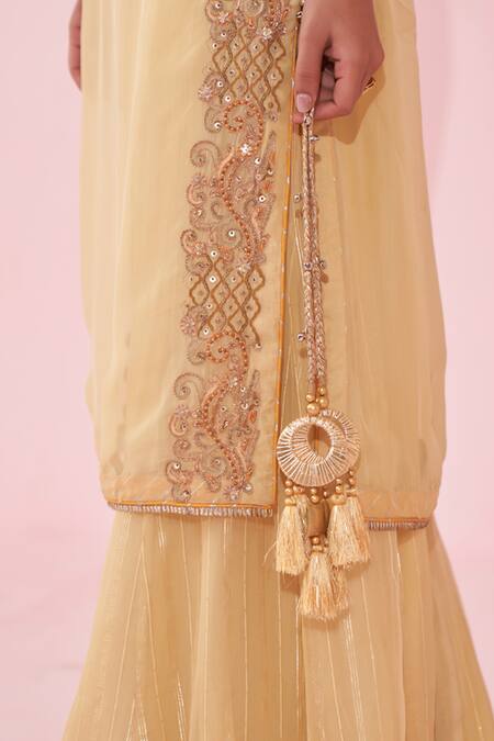 Studio Bagechaa_Yellow Chiffon Sequins, Embroidery, Tassels V-neck Kurta And Sharara Set _Online_at_Aza_Fashions