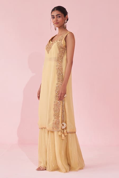 Buy_Studio Bagechaa_Yellow Chiffon Sequins, Embroidery, Tassels V-neck Kurta And Sharara Set _Online_at_Aza_Fashions