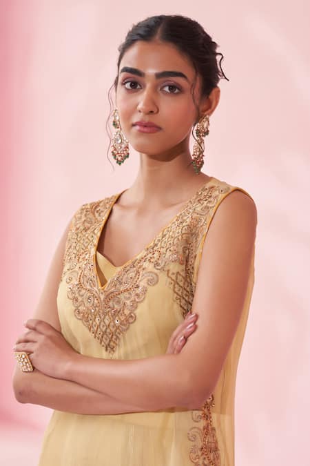 Shop_Studio Bagechaa_Yellow Chiffon Sequins, Embroidery, Tassels V-neck Kurta And Sharara Set _Online_at_Aza_Fashions
