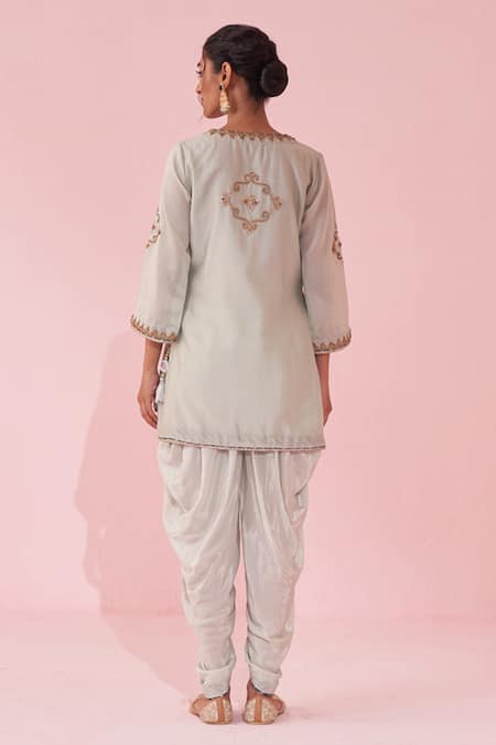 Shop_Studio Bagechaa_Pink Chanderi, Crepe Embroidery, Beads, Tassels V-neck Geeta Pale Blue Kurta Set _at_Aza_Fashions