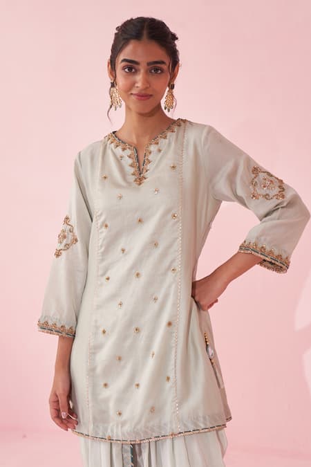 Shop_Studio Bagechaa_Pink Chanderi, Crepe Embroidery, Beads, Tassels V-neck Geeta Pale Blue Kurta Set _Online_at_Aza_Fashions