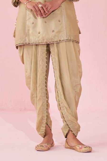 Studio Bagechaa_Green Chanderi, Crepe Tassels Round Neck Embroidered Kurta Set With Tulip Pants _Online_at_Aza_Fashions