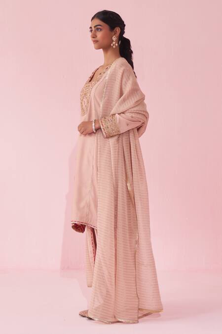 Shop_Studio Bagechaa_Blush Crepe, Organza, Kota Doria Embroidery V-neck Gulnar Pink Kurta Set _Online_at_Aza_Fashions