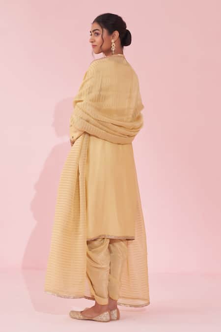 Shop_Studio Bagechaa_Yellow Kota Doria, Organza Zari, Embroidery Round Neck Gulnar Kurta Set _at_Aza_Fashions