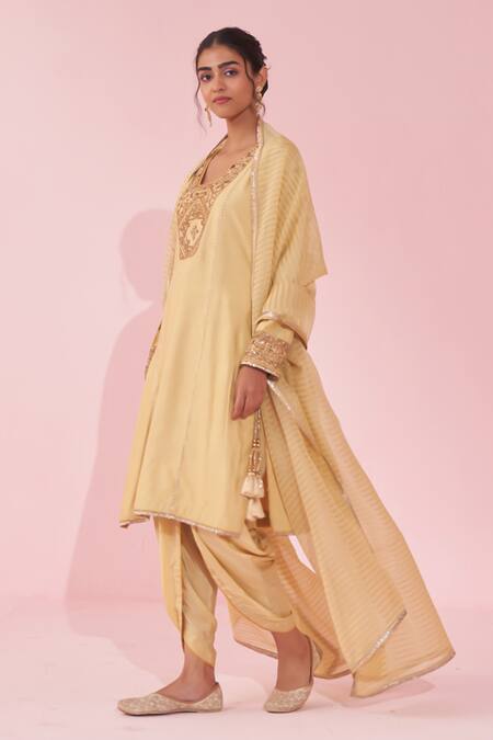 Studio Bagechaa_Yellow Kota Doria, Organza Zari, Embroidery Round Neck Gulnar Kurta Set _Online_at_Aza_Fashions