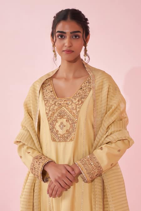 Studio Bagechaa_Yellow Kota Doria, Organza Zari, Embroidery Round Neck Gulnar Kurta Set _at_Aza_Fashions