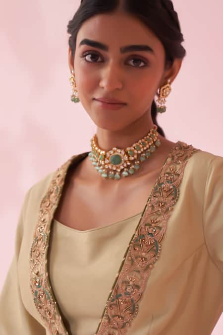 Buy_Studio Bagechaa_Green Beads, Tassels V-neck Gulnaz Peplum Kurta Set _Online_at_Aza_Fashions
