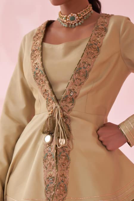 Shop_Studio Bagechaa_Green Beads, Tassels V-neck Gulnaz Peplum Kurta Set _Online_at_Aza_Fashions