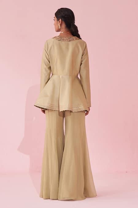 Shop_Studio Bagechaa_Green Silk, Chiffon Tassels, Embroidery, Beads V-neck Peplum Sharara Set _at_Aza_Fashions