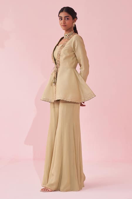 Studio Bagechaa_Green Silk, Chiffon Tassels, Embroidery, Beads V-neck Peplum Sharara Set _Online_at_Aza_Fashions