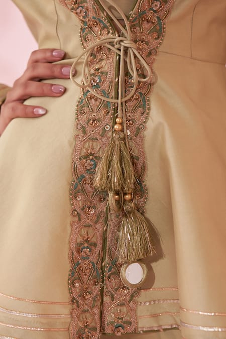 Buy_Studio Bagechaa_Green Silk, Chiffon Tassels, Embroidery, Beads V-neck Peplum Sharara Set _Online_at_Aza_Fashions