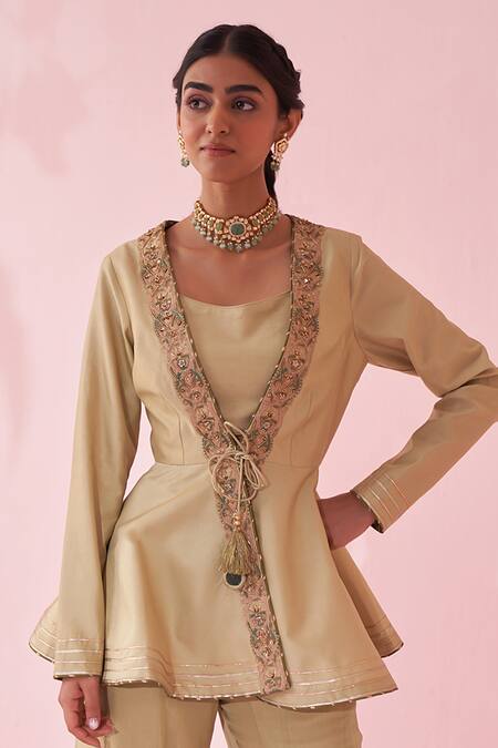 Shop_Studio Bagechaa_Green Silk, Chiffon Tassels, Embroidery, Beads V-neck Peplum Sharara Set _Online_at_Aza_Fashions