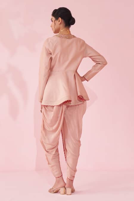 Shop_Studio Bagechaa_Blush Silk Embroidery V-neck Pink Peplum Kurta Set _at_Aza_Fashions