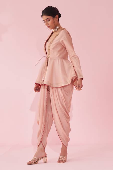 Studio Bagechaa_Blush Silk Embroidery V-neck Pink Peplum Kurta Set _Online_at_Aza_Fashions
