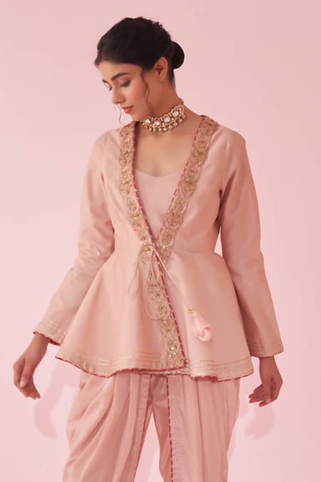 Shop_Studio Bagechaa_Blush Silk Embroidery V-neck Pink Peplum Kurta Set _Online_at_Aza_Fashions