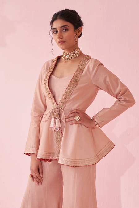 Studio Bagechaa_Blush Tassels, Embroidery V-neck Pink Sharara Set _Online_at_Aza_Fashions