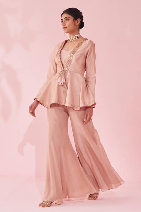 Buy_Studio Bagechaa_Blush Tassels, Embroidery V-neck Pink Sharara Set _Online_at_Aza_Fashions