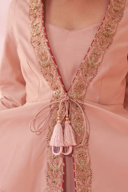 Shop_Studio Bagechaa_Blush Tassels, Embroidery V-neck Pink Sharara Set _Online_at_Aza_Fashions