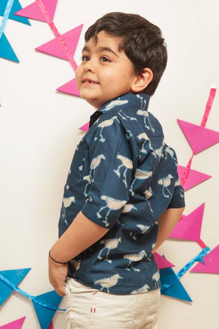 Tiny Colour_Blue Cotton Indigo Printed Shirt _Online_at_Aza_Fashions