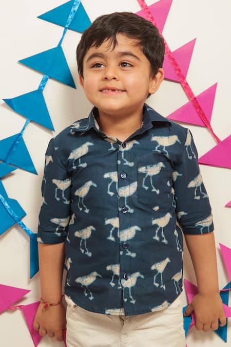 Shop_Tiny Colour_Blue Cotton Indigo Printed Shirt _Online_at_Aza_Fashions