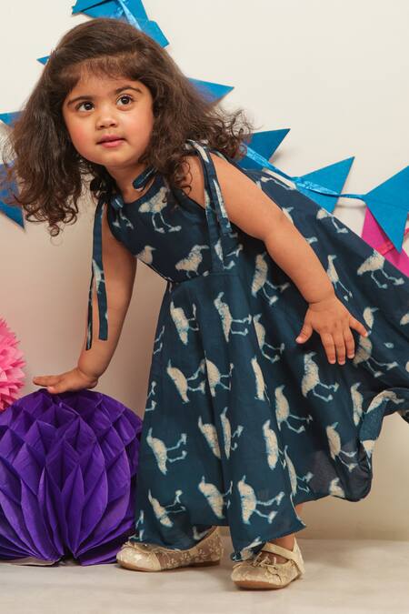 Tiny Colour_Navy Cotton Indigo Blue Printed Dress _Online_at_Aza_Fashions