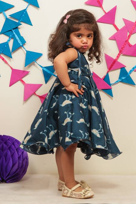 Buy_Tiny Colour_Navy Cotton Indigo Blue Printed Dress _Online_at_Aza_Fashions