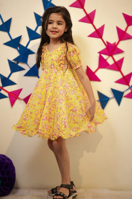 Tiny Colour_Yellow Cotton Marigold Block Printed Frock _Online_at_Aza_Fashions